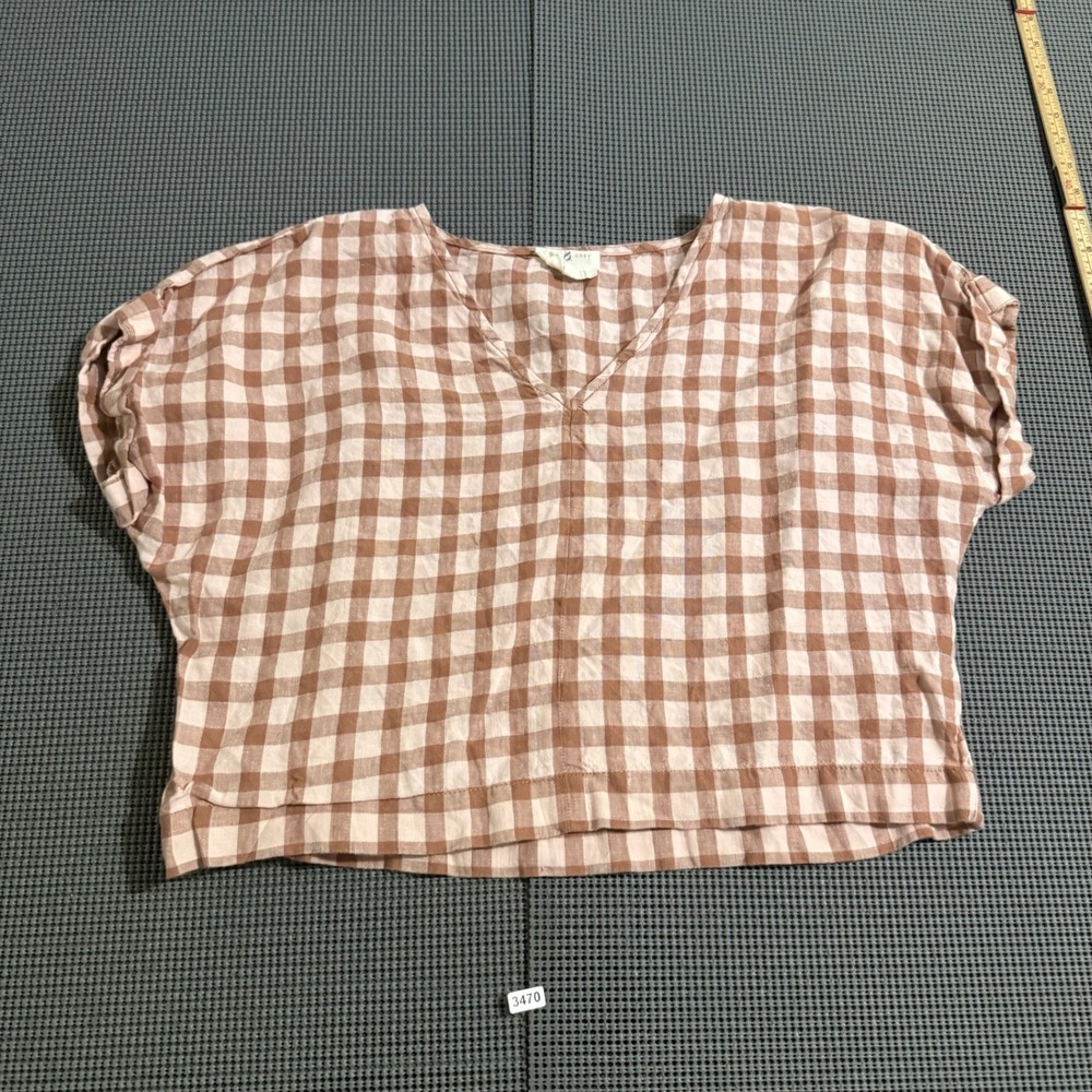 Lou & Grey Womens Brown Gingham 100% Linen V-Neck Short Sleeve Top Size S